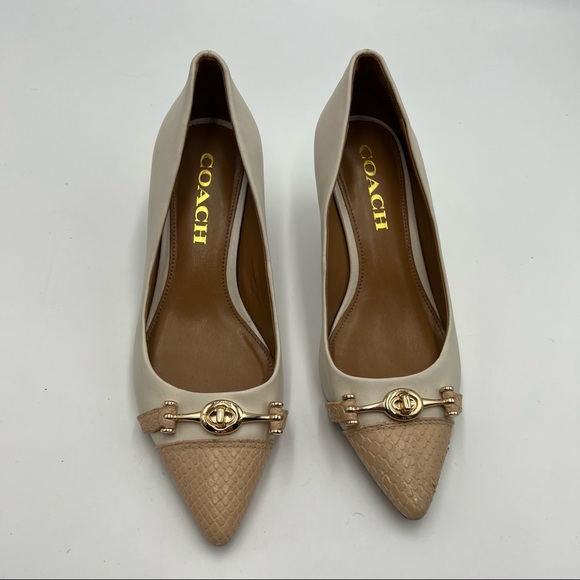 Coach Lauri White/Beechwood Kitten Horsebit Heels - Picture 2 of 7